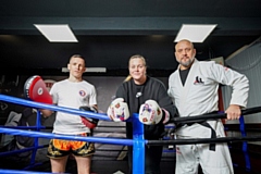 Greg Kubiak, Councillor Donna Williams and John Barlow at Middleton Martial Arts Academy