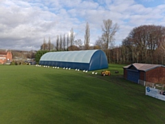 Photomontage of proposed indoor cricket centre (Note that the rendered image is in green, however, it is to be provided in dark blue)