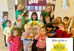 Ashworth View nursery staff Lisa Wood, Katrina Buckland and Chantelle Hazley with the preschool children and the box sent to Beechwood retirement home