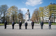 The silence was observed at the cenotaph by (l-r) a representative for Greater Manchester Police; leader of the Rochdale Conservatives Councillor Ashley Dearnley;  leader of the council Allen Brett;  Mayor Billy Sheerin; Deputy Lieutenant Ian Sandiford; Deputy Mayor Aasim Rashid and Steve Rumbelow, chief executive of the council