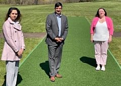 Local councillors Faisal Rana, Iram Faisal and Rachel Massey take a look at the brand new cricket pitch at Lenny Barn