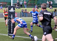 Nick Hargreaves celebrates Mayfield's opening try, scored by Harry Macdonald