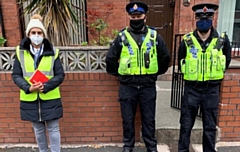 Councillor Iram Faisal with PCSO Paul Robinson and PC Phil Jones