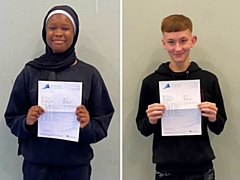 Aishat Azeez and Declan McParland celebrate their A-level results