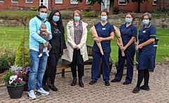 Baby Fariq Hussain Chowdhury and family with Kirsten Mitchell from Spoons, Royal Oldham Hospital Neonatal Nurses Katie Broadbent and Lauren Woolerton and Lead Nurse, Yvonne Fletcher