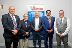 Manager Matt Calland, Peter Rush, chairman of Rochdale Hornets Andy Mazey, Mayor of Rochdale and chairman of All Hornets Mark Harris at the 150 year anniversary dinner