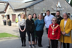 Mayor of Whitworth Councillor Maureen Jones and Consort Madeleine de Souza with Rossendale Leisure Trust staff outside the renamed The Ashcroft in Whitworth