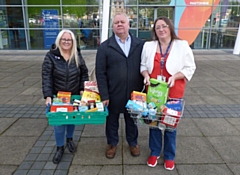 Cost of living support: Council leader, Councillor Neil Emmott, Councillor Sue Smith, cabinet member for communities, and Councillor Rachel Massey, cabinet member for children's services and education, at the launch of the Helping Hand initiative at Middleton Arena.