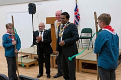  L-R: Dylan Atkinson, The Mayor's Consort Councillor Sultan Ali, Richard Baron Scout Group Chairman, The Mayor Councillor Ali Ahmed and Noah Chadwick.