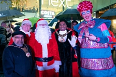 L-R Consort Sultan Ali, councillor Janet Emsley, Father Christmas, mayor Ali Ahmed with Dame Dolly at Rochdale Riverside.