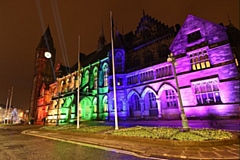 Rochdale Town Hall lit up in rainbow colours for Rochdale Pride