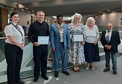 Honours recipients with the mayor: Chief Superintendent Nicky Porter, Damieon Hartley-Pickles BEM, Mayor Ali Ahmed, Wendy Hardaker CB, Brenda Hardaker (Wendy’s mum), Mayor’s Consort Sultan Ali. 