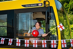 Rosso bus driver Vicky Worrall with the specially named bus in honour of England’s European Championship-winning Lioness Keira Walsh, who was born and grew up in Rochdale