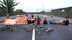 Just Stop Oil protest with Jane Touil (left), Wendy Cocks (second left) and Mark Coleman (fourth from left)