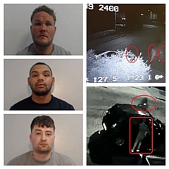 Top to bottom: Daniel Scollins, Lucas Hunter and Bradley Anderson, with CCTV images