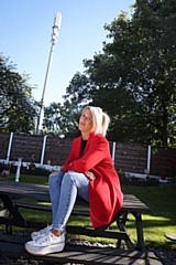 Clare Brophy and 20 metre mast near Rochdale home