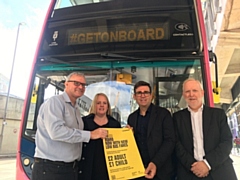 L to R: Go North West managing director Nigel Featham, Oldham council leader Amanda Chadderton, GM mayor Andy Burnham, GM transport commissioner