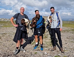 Wesley Dowd, Keith Hook and Matthew Brett with their dogs, William, Shyla and Finley