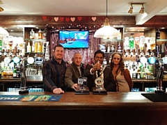 Mayor of Rochdale pulls a pint at the Oddfellows (from left to right): Matthew Parkinson, Trev Healey, Councillor Ali Ahmed and Theresa Healey