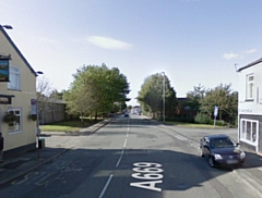 The junction of Spring Vale (right) with Oldham Road (centre); the Hare and Hounds pub can be seen on the left