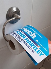 Councillor Janet Emsley's tweet showing John Hartley's election leaflet as toilet paper (via Twitter)