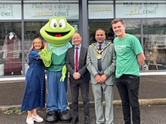 Honora Crisp (Springhill Hospice); Hospice mascot, Springy; Paul Waugh MP; Mayor of Rochdale, Councillor Shakil Ahmed and Alex Haddock (Springhill Hospice)