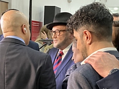 George Galloway being interviewed at the by-election count after the result was announced
