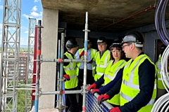 Rachel Reeves chats to Andy Burnham during a visit in Stockport