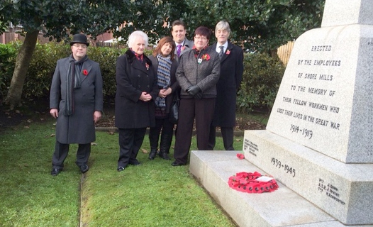 Cllrs John Hartley, Ann Stott, Rina Paolucci, John Blundell, Janet Emsley and Robert Clegg laying a poppy wreath at Shore Mills Memorial.